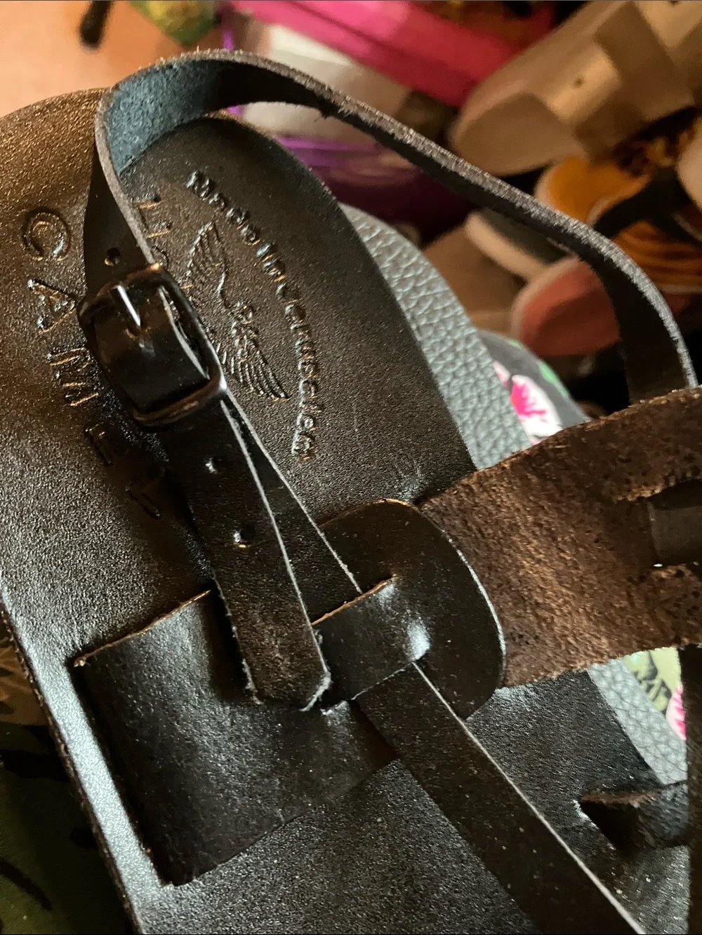Men’s Holy Land market camel Black Leather Strappy Slide Sandals size 45